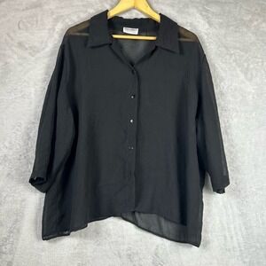 Vintage D'Allaird's Black Sheer Crinkle Button-Up Blouse Oversized 3/4 Sleeve